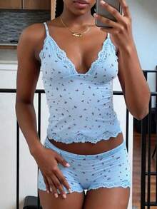 INAWLY Women Lace Patchwork Camisole And Shorts Casual Cute 2 Pieces Set Sleep Light Blue Summer Lounge - Multicolor - View 2
