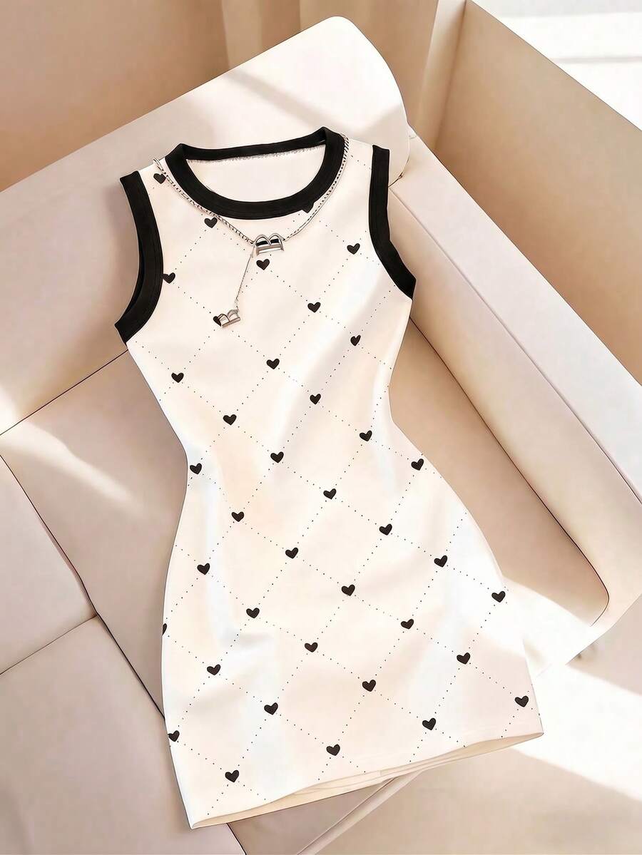 Resyla Heart Print Round Neck Casual Sleeveless Dress - Multicolor - View 1