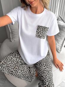 SHEIN Contrast Leopard Print Pocket Tee & Pants Pajama Set - Multicolor - View 4