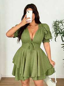 Vionelle Plus Size Deep V-Neck Puff Sleeve Fitted Party Mini Dress - Mint Green - View 2