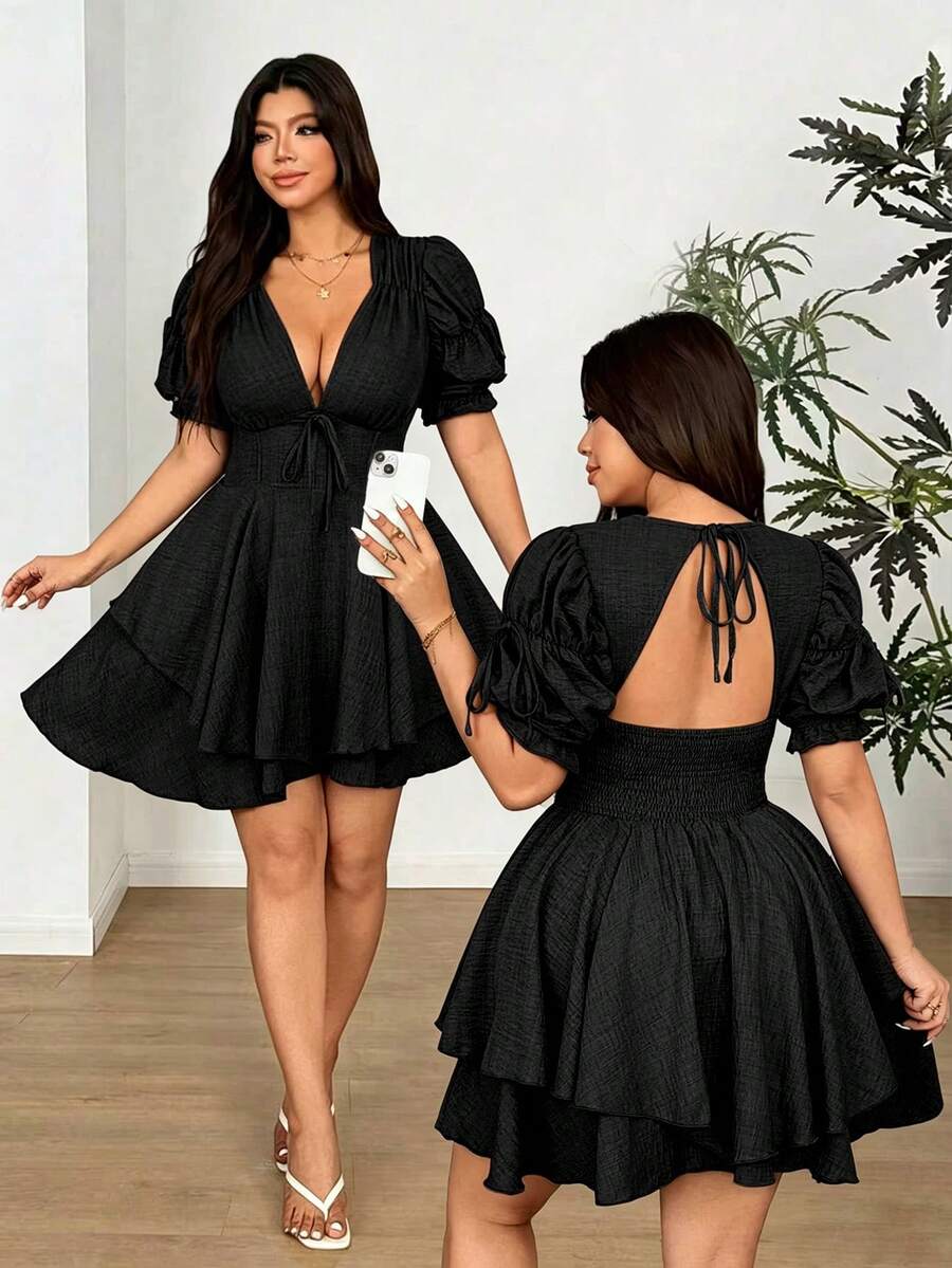 Vionelle Vestido mini de fiesta ajustado con escote en V profundo y mangas abullonadas para tallas grandes - Negro - Ver 1