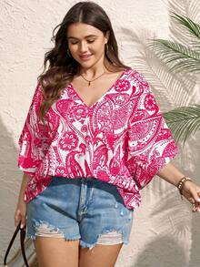 Comfylo Blus Longgar Lengan Berkerut Motif Bunga Tropis Leher V Gaya Boho Ukuran Besar untuk Liburan, untuk Musim Panas - MultiWarna - View 6