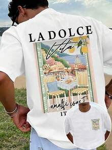 Manfinity Dauomo Men Summer Casual Loose T-Shirt, Retro Italian Amalfi Lemon Print Top - Apricot - View 1