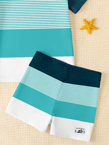 Bubblio Young Boy Casual Striped Patchwork Print Round Neck Short Sleeve Swimsuit Set, Suitable For Summer, Swimming, Beach, Surfing - Multicolor - View 5