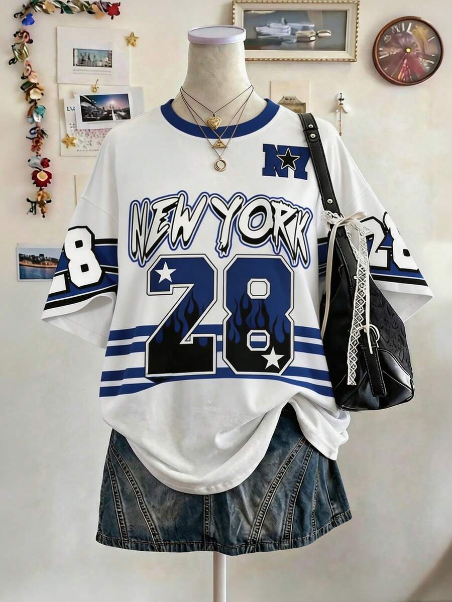 Lalippa New York Letter Graphic Print Oversized Loose Fit Mid-Length Round Neck Drop Shoulder Women T-Shirt, Gift For Friends - White - View 1
