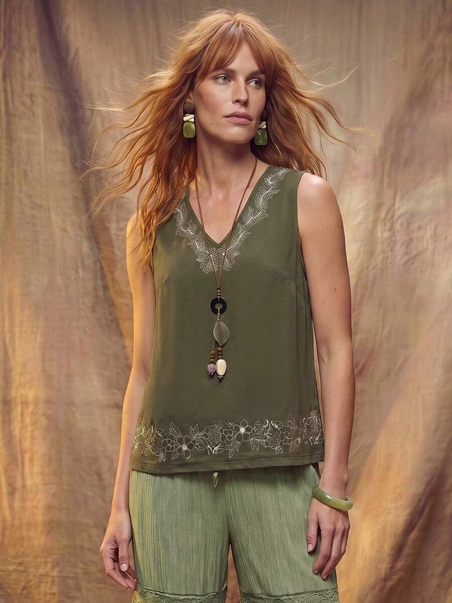 Fembélia Women's Floral Print V-Neck Casual Sleeveless Top - Army Green - View 1
