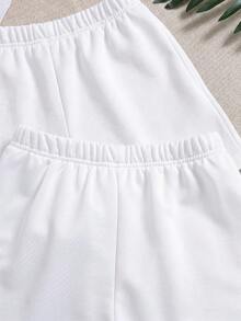 2pcs Tween Girls' Casual Solid Color Knit Wide Leg Shorts - White - View 3