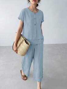 SHEIN LUNE Women's Textured Comfortable Button-Up Shirt With Layered Hem And Casual Cropped Pants 2 Pieces Set Dusty Blue Summer Vacation - Blue - View 4