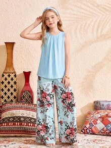 SHEIN Tween Girls Loose Round Neck Sleeveless Blue Floral Print Shirt And Wide Leg Pants 2 Pieces Vacation Set - Blue - View 5