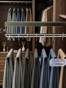 1pc Gunmetal Gray Pull-Out Sliding Clothes Hanger, Convenient And Quick, Multi-Functional Wardrobe Storage, With Painted Metal Hangers, Heavy-Duty Adjustable Clothes Rod, Space-Saving Aluminum Hanger Rod, Suitable For Bedroom Wardrobes, Apartments, And Dormitories. - Grey - View 1