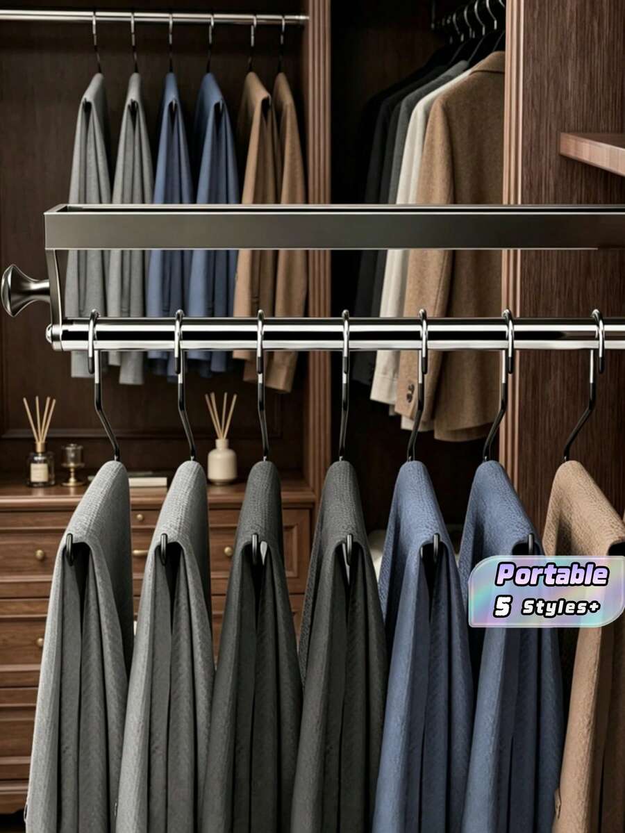 1pc Gunmetal Gray Pull-Out Sliding Clothes Hanger, Convenient And Quick, Multi-Functional Wardrobe Storage, With Painted Metal Hangers, Heavy-Duty Adjustable Clothes Rod, Space-Saving Aluminum Hanger Rod, Suitable For Bedroom Wardrobes, Apartments, And Dormitories. - Grey - View 1