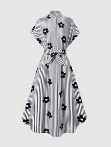 SHEIN 一件式少女夏季休闲时尚经典舒适短袖连衣裙，粉色条纹立领短袖中长宽松衬衫裙，开衩下摆配腰带，适合日常穿着、购物、度假等场合。 - 彩色 - 查看 4