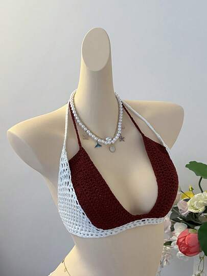 INAWLY Áo croptop dệt kim hở lưng cổ yếm phối màu tương phản dành cho nữ