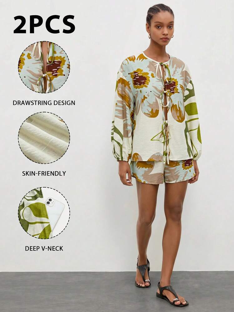 SHEIN Maija MAIJA Vacation Tropical Print Co-Ord Cami & Shorts Two Pieces Set
