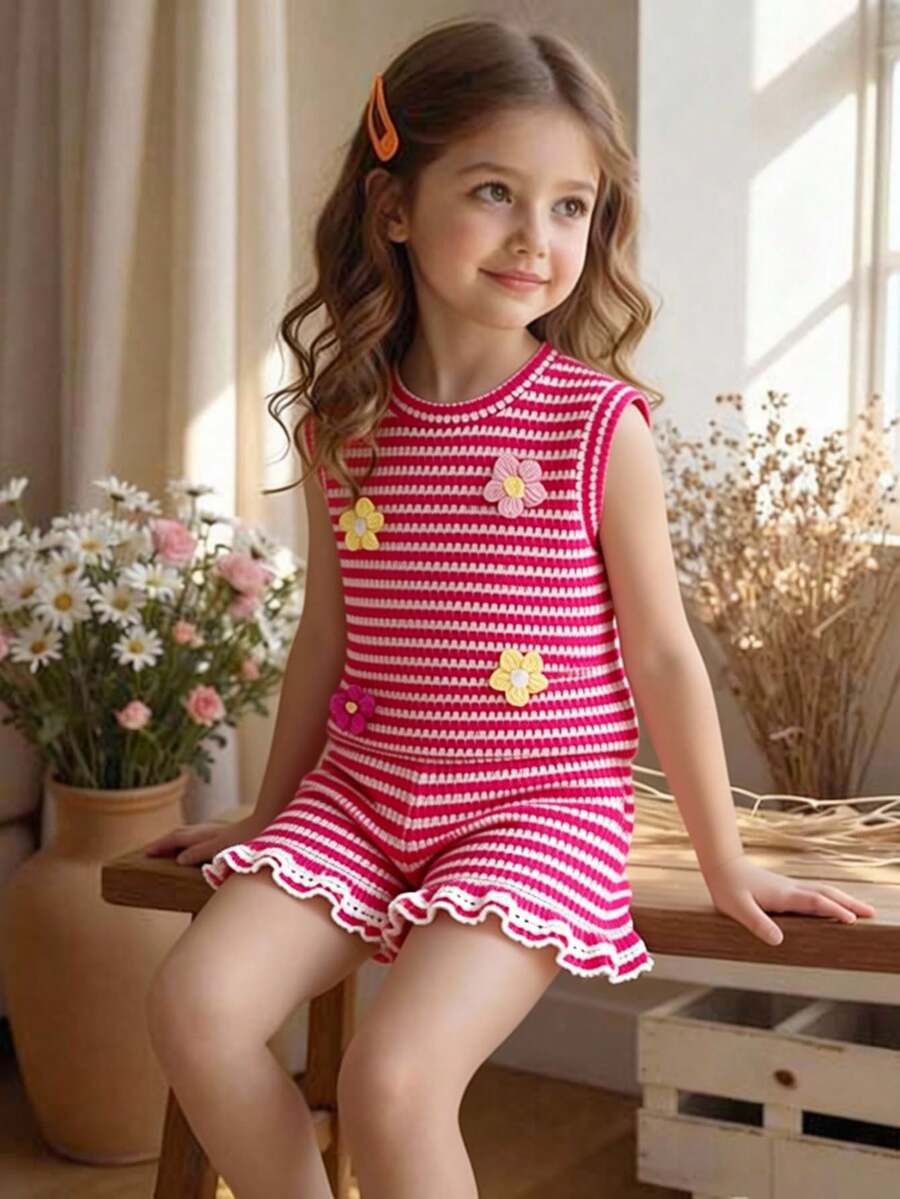 SHEIN Elladie kids 2件套女童条纹提花针织宽松背心短裤套装,适合休闲、度假、运动、夏季穿着 - 粉色 - 查看 1