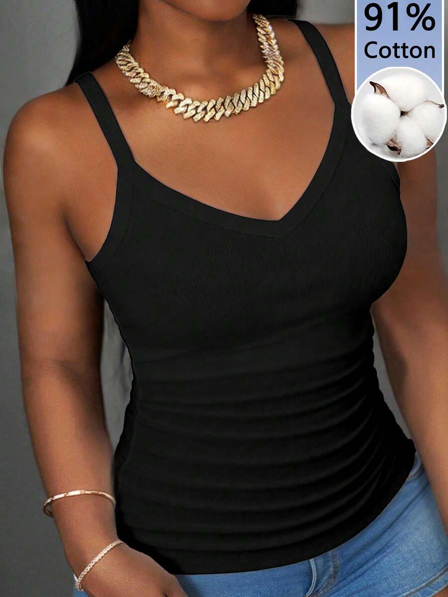 Slaydiva 91% Cotton Black Summer Casual Everyday Women Tank Top,Solid Ribbed V-Neck Racerback Gathered Basic Versatile Outfits For Party,Sports & Yoga - Black - View 1