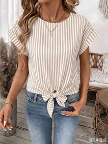EMERY ROSE Áo nữ mùa hè in họa tiết: Áo thun buộc dây phía trước dễ thương, phù hợp cho những buổi đi chơi thường ngày, áo khoác ngoài casual dành cho nữ. - Màu be - Xem 5