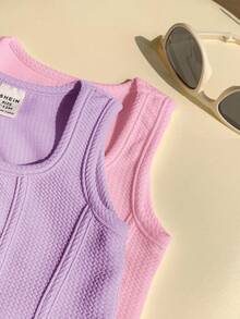 SHEIN 2件套女童休闲纯色无袖方领针织背心，夏季 - 彩色 - 查看 6
