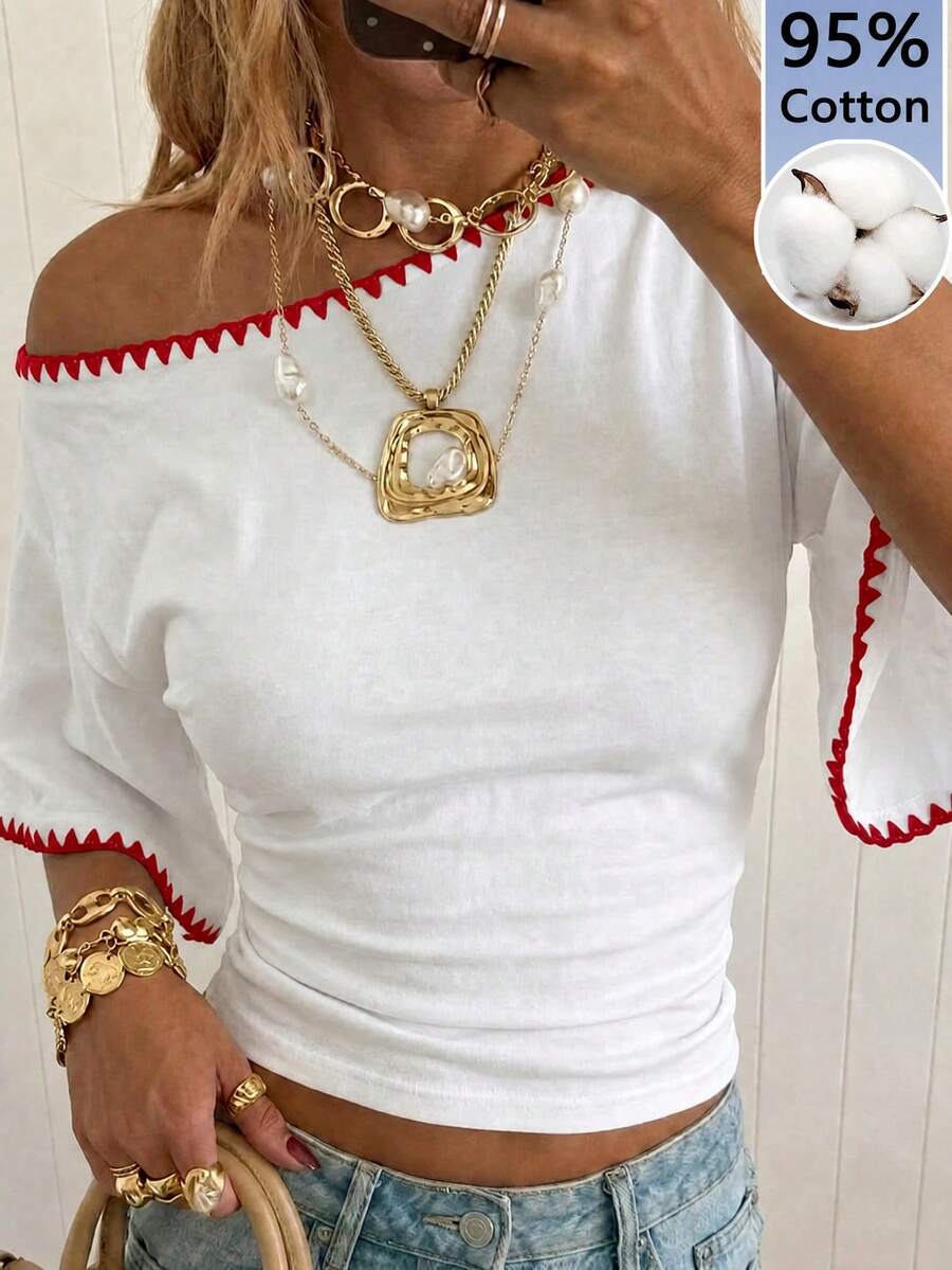SHEIN EZwear 女士休闲简约红色贝壳刺绣白色针织T恤,适合夏季穿着 - 彩色 - 查看 1