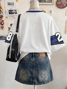 Lalippa New York Letter Graphic Print Oversized Loose Fit Mid-Length Round Neck Drop Shoulder Women T-Shirt, Gift For Friends - White - View 2