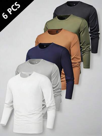 12/6 PC Camisetas de Manga Larga Unicolor para Hombre, Cuello Redondo, Transpirable y Elástica, Ropa Casual para Uso Diario y Deporte