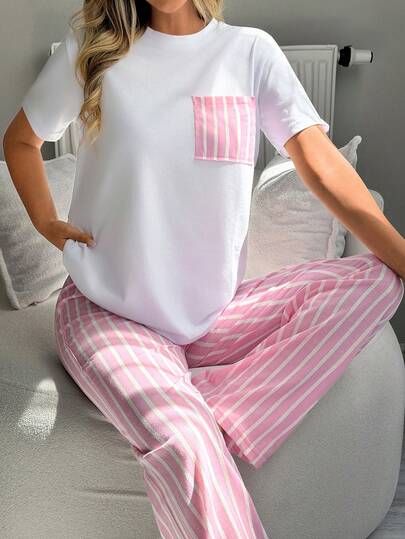SHEIN Contrast Pink Stripe Pocket Tee & Pants Pajama Set