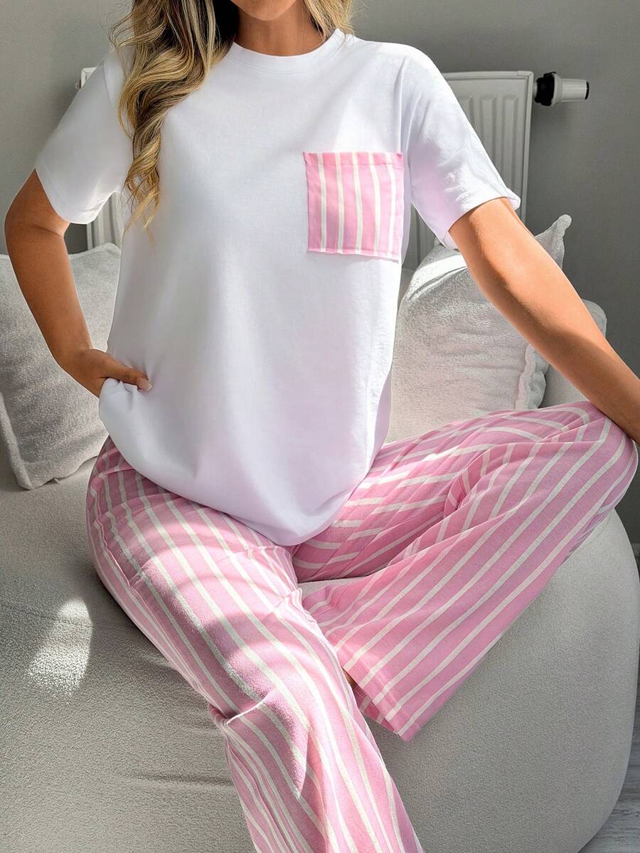 SHEIN 撞色粉色条纹口袋T恤和裤子睡衣套装 - 粉色 - 查看 1