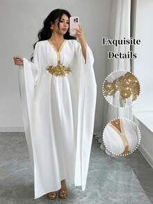 SHEIN Elenzya Đầm midi ôm dáng, thanh lịch, thắt eo, trang trí viền vàng dành cho nữ. - trắng - Xem 1