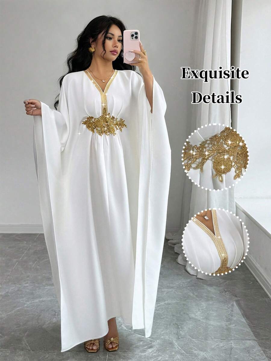 SHEIN Elenzya Đầm midi ôm dáng, thanh lịch, thắt eo, trang trí viền vàng dành cho nữ. - trắng - Xem 1