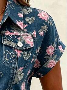 EMERY ROSE Women's Short Sleeve Blouse, Vintage Floral Pattern Design, Flowers & Hearts, Fashionable & Versatile - Multicolor - View 4