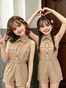 SHEIN Genkimix Kids 儿童夏季连体衣，简约百搭设计。翻领短袖，双胸袋装饰，时尚百搭，适合春夏日常穿着、外出和度假。 - 卡其色 - 查看 9