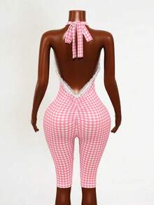 Mistrie Bộ jumpsuit nữ gợi cảm, thoải mái, phong cách nghỉ dưỡng, in họa tiết, phối ren tương phản, hở lưng, buộc dây phía trước. - Hồng - Xem 2