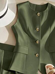 Franclia 夏季优雅通勤纯色背心短裤两件套 - 軍綠色 - 查看 5