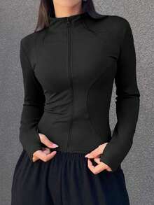 DAZY Ladies' Solid Color Simple Daily Zip-Up Jacket With Long Sleeves - Black - View 3