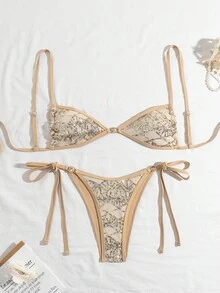 Swim Vcay Swim Bonvoyette 兩件式女款性感泳衣套裝 春夏度假款 金色亮片珍珠光飾飾細肩帶平胸式比基尼上衣與側綁帶比基尼泳褲 - 金色 - 查看 1