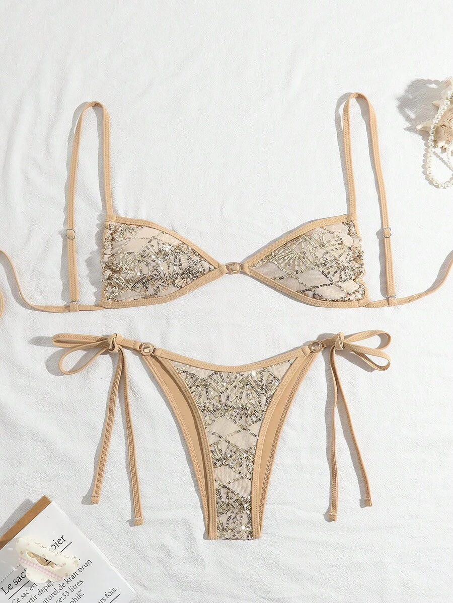 Swim Vcay Swim Bonvoyette 兩件式女款性感泳衣套裝 春夏度假款 金色亮片珍珠光飾飾細肩帶平胸式比基尼上衣與側綁帶比基尼泳褲 - 金色 - 查看 1