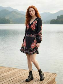 CAJUNI Váy ngắn dễ thương phong cách Boho, họa tiết hoa, thích hợp cho kỳ nghỉ nhiệt đới. - màu đen - Xem 5