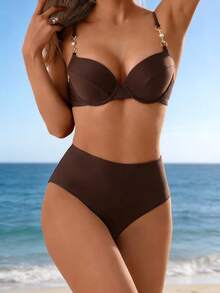 Swim Basics Bộ đồ bơi bikini cạp cao dây mảnh có đệm nâng ngực màu trơn có thể điều chỉnh cho kỳ nghỉ hè mới - màu nâu - Xem 1