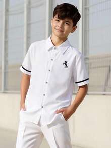 Vacaura Teenage Boys' Fashionable Printed Polo Collar Short Sleeve Casual Versatile Shirt - White - View 4
