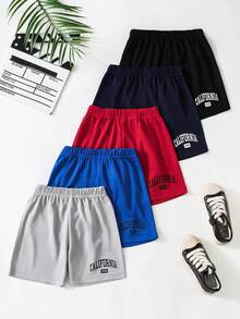 SHEIN 5 件套男童幼儿字母图案印花短裤套装，适合夏季度假、假日、旅行、放松、日光浴 - 彩色 - 查看 3