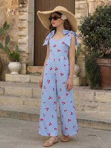 SHEIN Tween Girl's Casual Vacation Plaid & Cherry Print Sleeveless Jumpsuit With Detachable Bow Decor, Spring/Summer - Multicolor - View 9