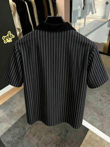 Claim Dot Men's Casual Beige Short Sleeve Striped Shirt - Black - View 2