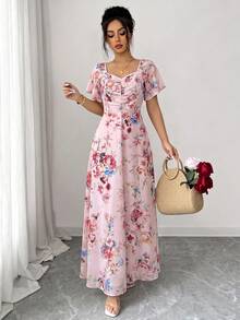 SHEIN Elenzya 女士玫瑰碎花褶皱前片荷叶袖腰部A字连衣裙，魅力优雅休闲度假通勤性感时尚约会法式街头复古百搭春夏红白多色新款短袖长裙 - 粉色 - 查看 7
