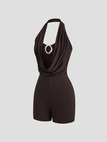 Sweetra Women's Fashionable Sexy Bandage Backless Spaghetti Strap Jumpsuit, Hollow Out Design, Slim Fit, Brown And Gold Color, Summer Night Out - Brown - View 5