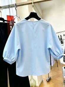 SHEIN Franclia 蓝色短袖衬衫，蓝色碎花印花短袖女式衬衫，优雅的春夏度假装，适合派对和假日穿着 - 藍色 - 查看 2