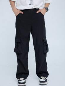 Teen Boy 1pc Casual 4-Season Utility Straight-Leg Loose Fit Black Pants With 3D Pockets, Versatile Street-Style Chic For Autumn/Winter - Black - View 2