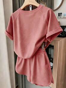 Resyla 女士T恤短裤套装，夏季新品，时尚百搭，适合居家、办公、骑行、运动等场合穿着 - 紅木色 - 查看 2
