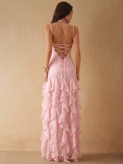 Silquee Vestido Sexy Feminino com Babados, Retalhos e Amarração Nas Costas