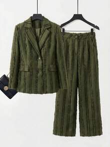Aveloria Modichic Textured Frayed Edge Vertical Striped Tassel Design Sense Blazer Jacket Paired With Wide Leg Pants Women Suit Set - Olive Green - View 6