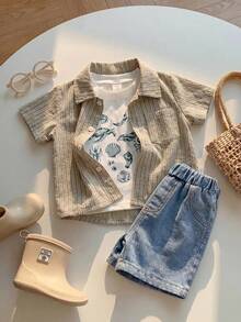 3pcs Set Includes: Baby Boy Summer Casual Vacation Blue Striped Shirt, Shell Graphic White T-Shirt, Blue Denim Shorts Outfit, Summer Suit - Multicolor - View 1